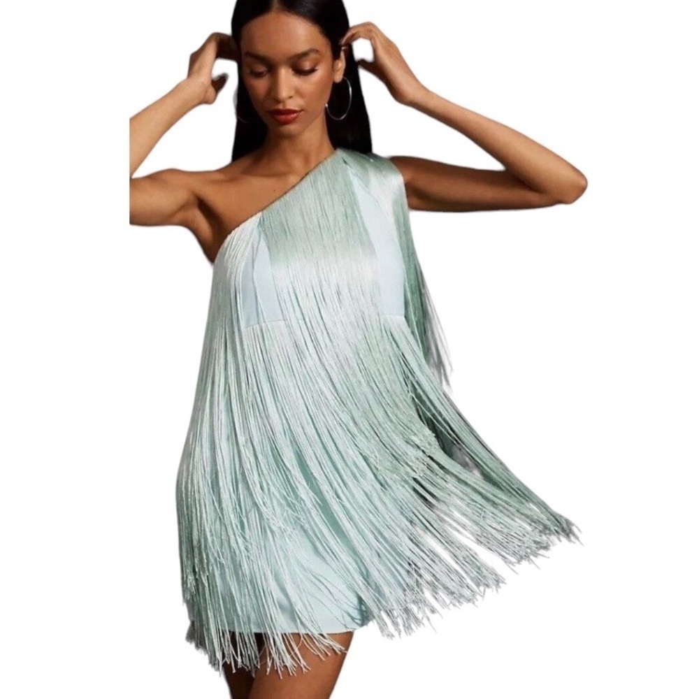 Anthropologie Hutch Mint Green Fringe One Shoulder Cocktail Party Mini Dress 2X